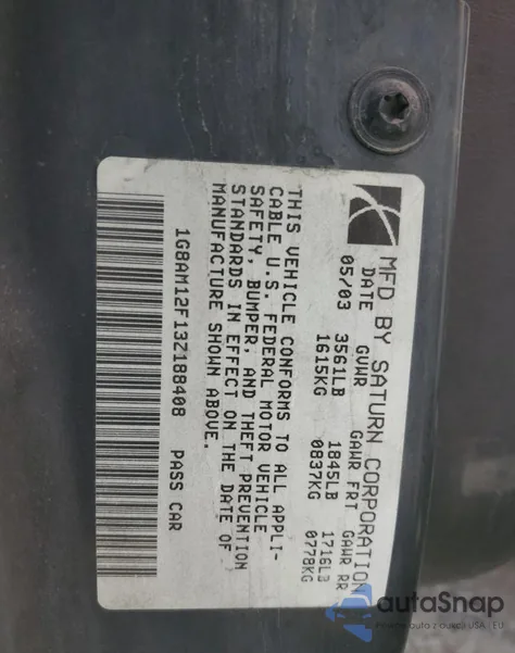 2003 Saturn Ion Level 2 from USA, damaged, VIN 1G8AM12F13Z188408
